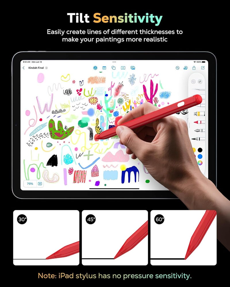 MoKo قلم رصاص لجهاز iPad (A16) الجيل 11 و10، قلم ستايلس لجهاز Apple iPad 2018-2025 11/10/9/8/7/6/A16، ميني 7/6/5، إير M3/M2 11"/13"/5/4/3، برو M4 13"/12.9"/11" حساسية الميل، شحن سريع USB-C، أحمر - Image 3